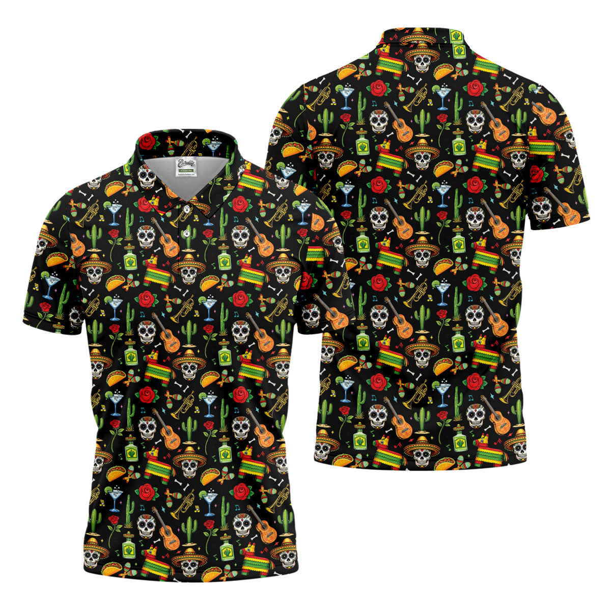 Decorated Skulls Party Items Cinco De Mayo Celebration Fiesta Themed Black Golf Shirts For Men