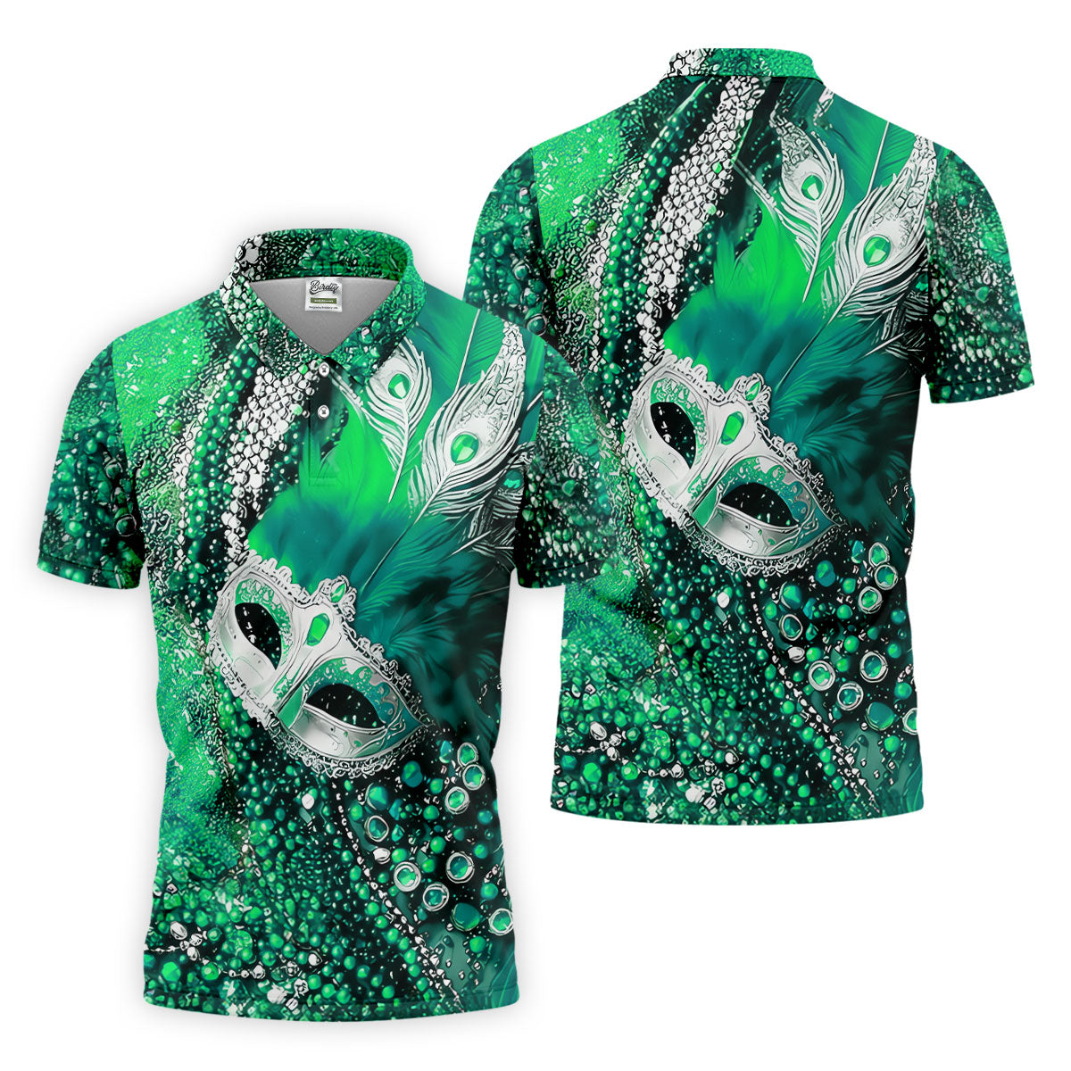 Mardi Gras Masquerade Mask Feather Beads Green Golf Shirt, Polo ShirtFor Men, Golf Shirts For Men