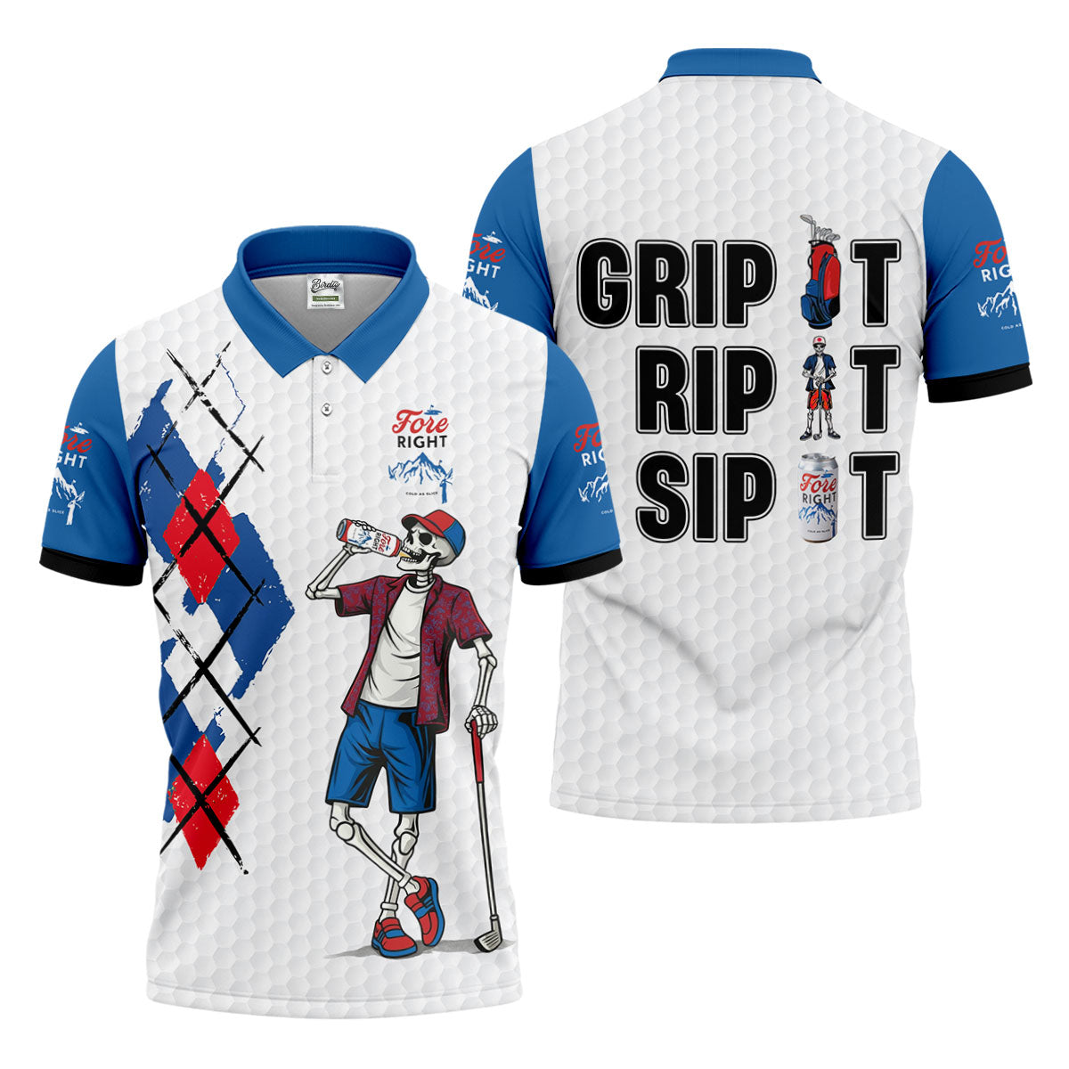 Fore Right Funny Skeleton Golf And Beer Red White Men's Funny Golf Shirts, Polo ShirtFor Men