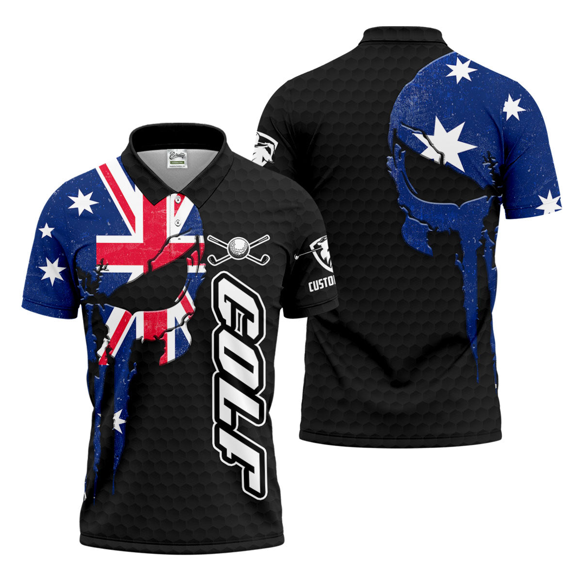 Cool Skull Golf Ball Pattern Australia Flag Print Black Golf Shirt, Polo Shirtor Men