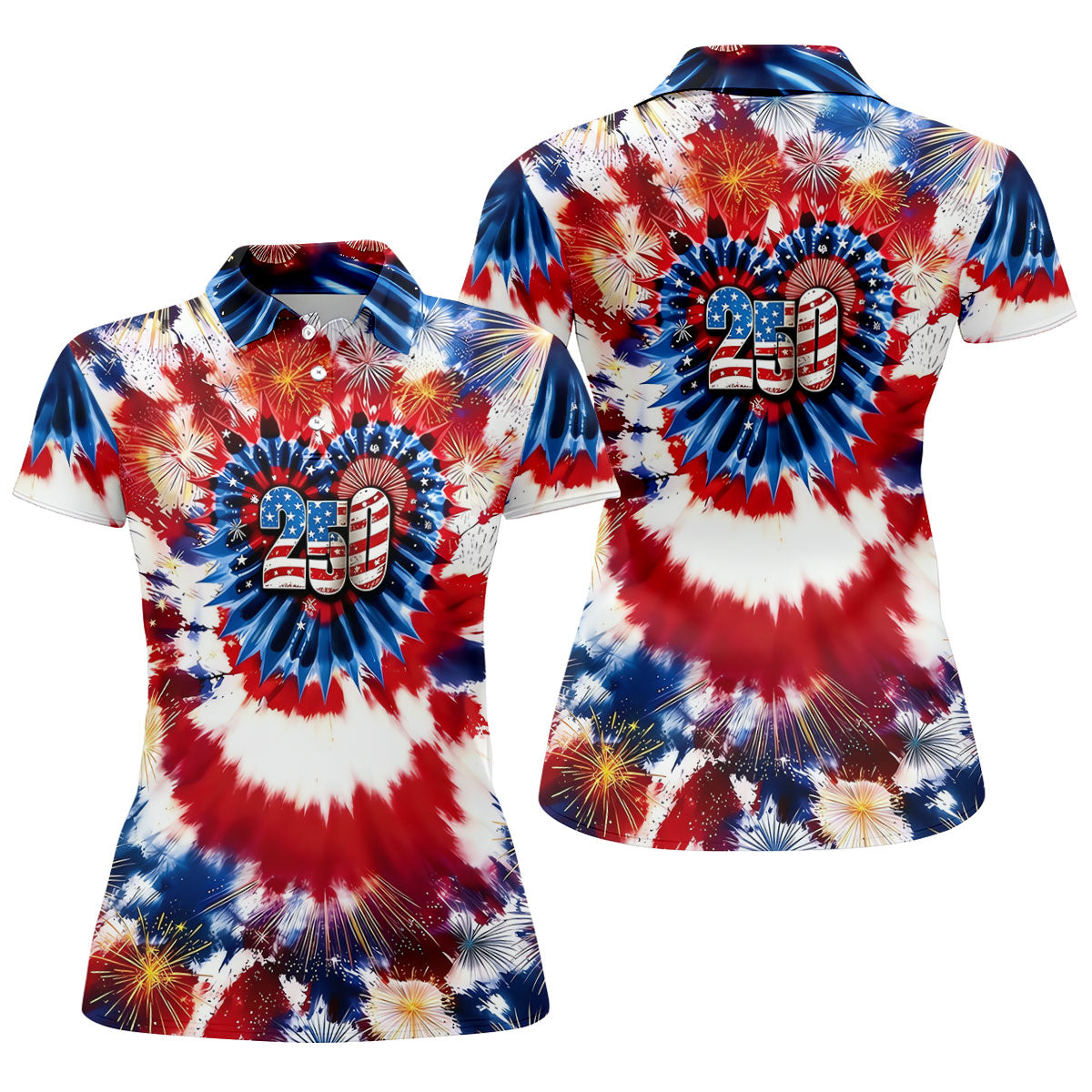 250 Years Red White Blue Tie Dye Print Patriotic Golf Shirt, 4th Of July Golf Shirt For Women