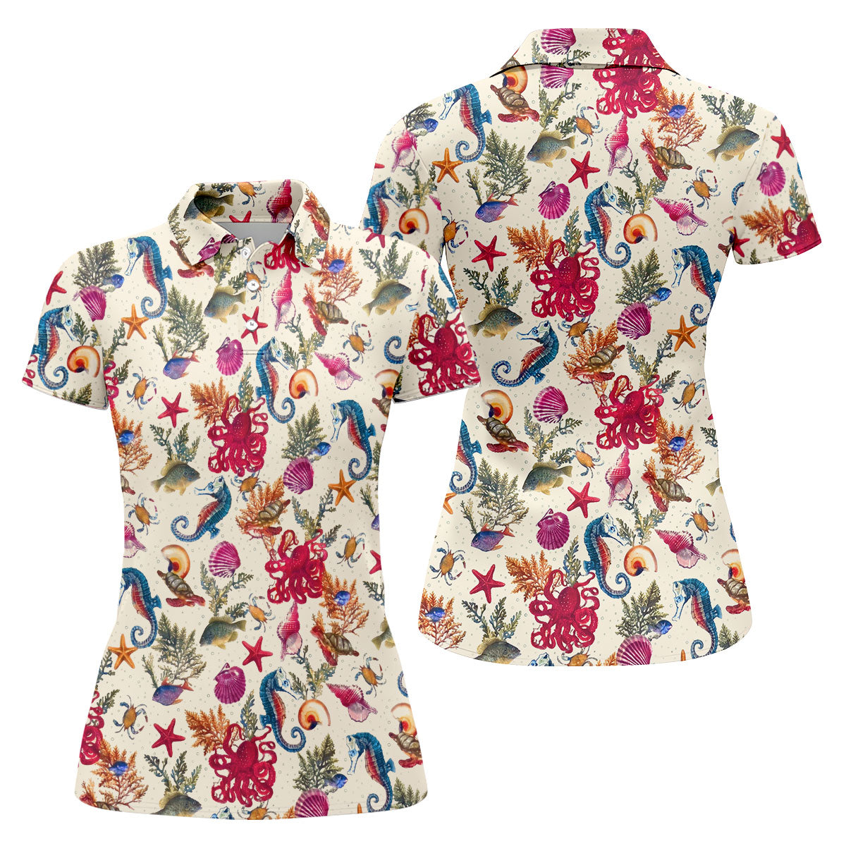 Marine Life Coral Reef Pattern Golf Shirt, Women's Golf Shirt, Hawaiian Golf Shirt, Golf Polo For Women