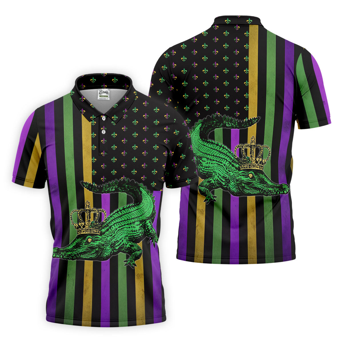 Mardi Gras Aligator Purple Green Gold Vertical Stripes Fleur De Lis Golf Tops For Men, Polo ShirtFor Men