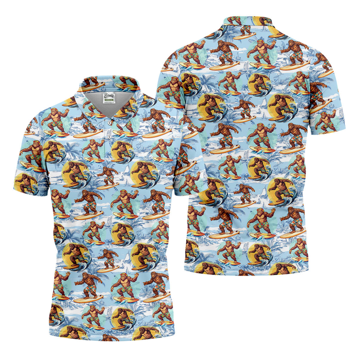 Surfing Bigfoot Hawaiian Golf Shirt, Mens Golf Shirts, Golf Apparel For Men