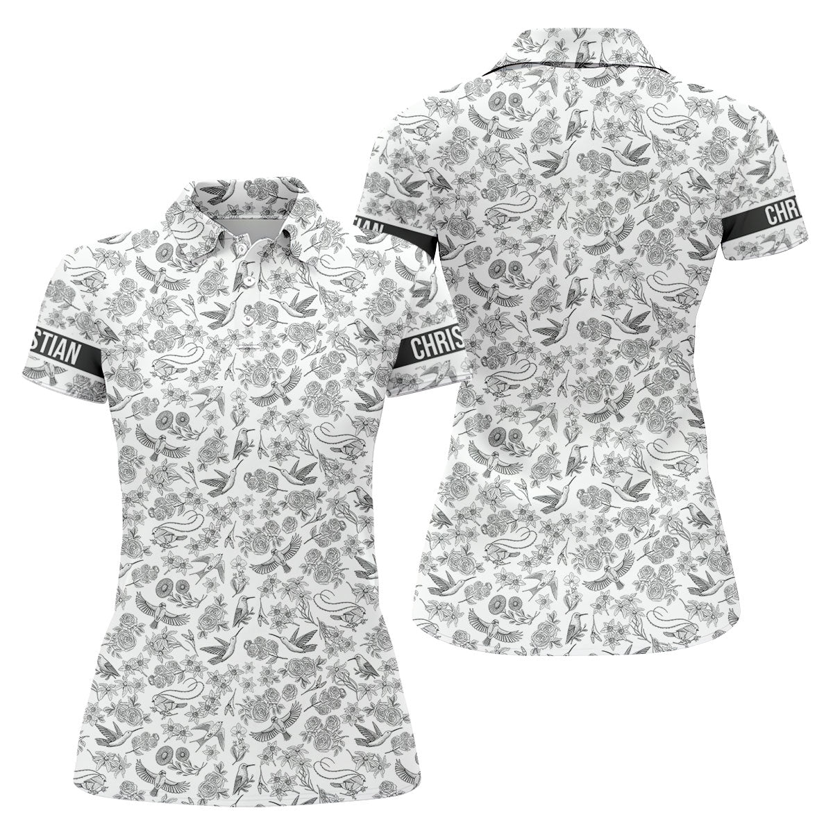 Custom Name Toile de Jouy Birds And Flowers Grey And White Women Golf Top, Ladies Golf Polos