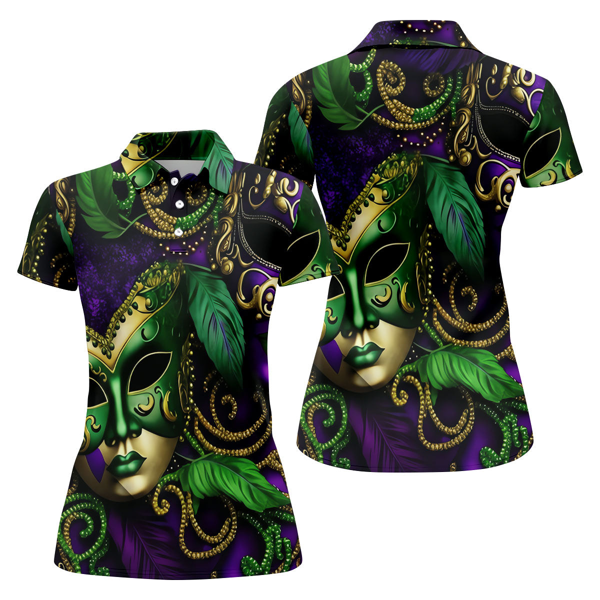 Purple Green Gold Carnival Mask Feather Print Mardi Gras Golf Shirt, Women's Golf Tops, Ladies Golf Shirts