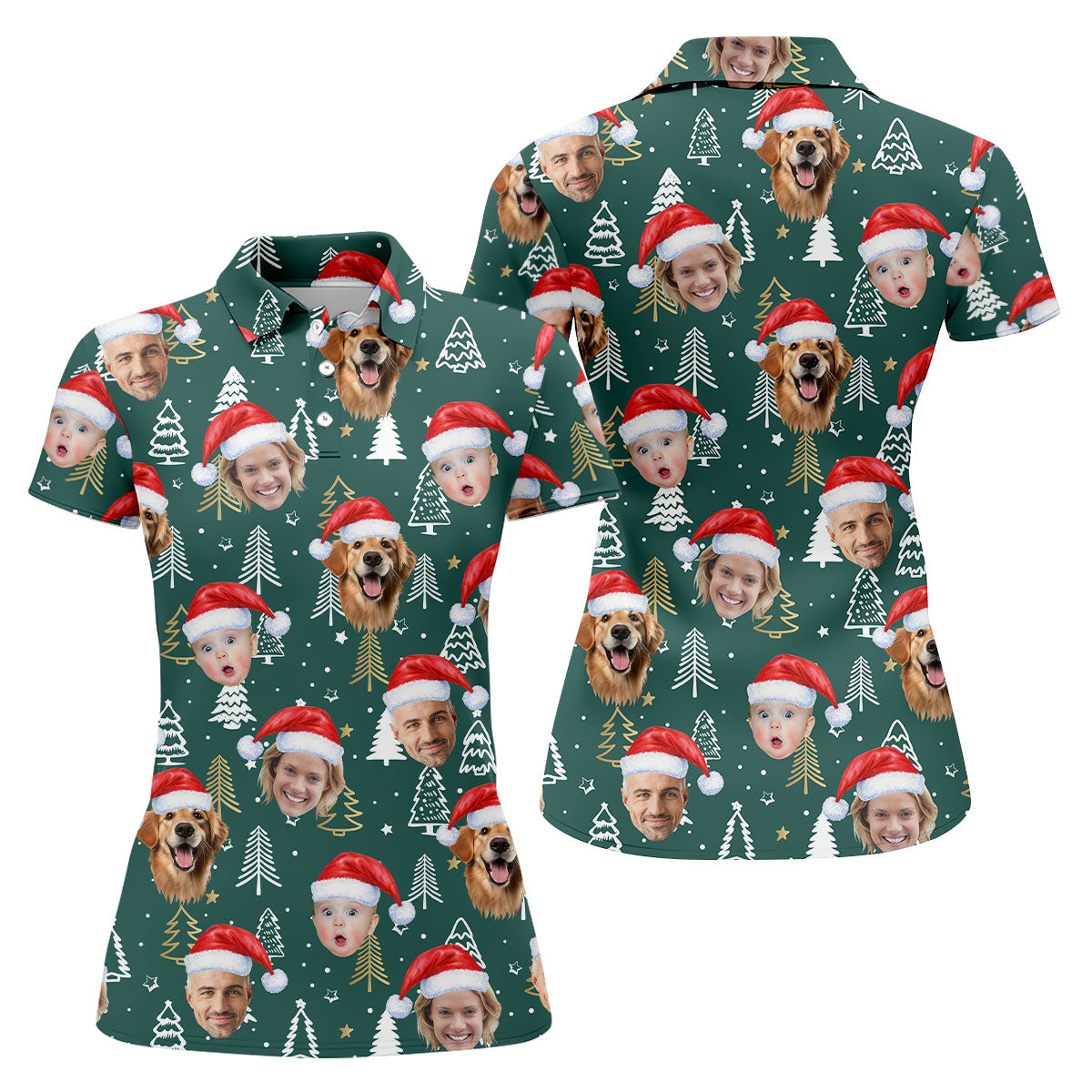 Custom Face Pine Tree Pattern Dark Green Christmas Golf Shirt, Ladies Golf Shirts, Golf Gifts For Women