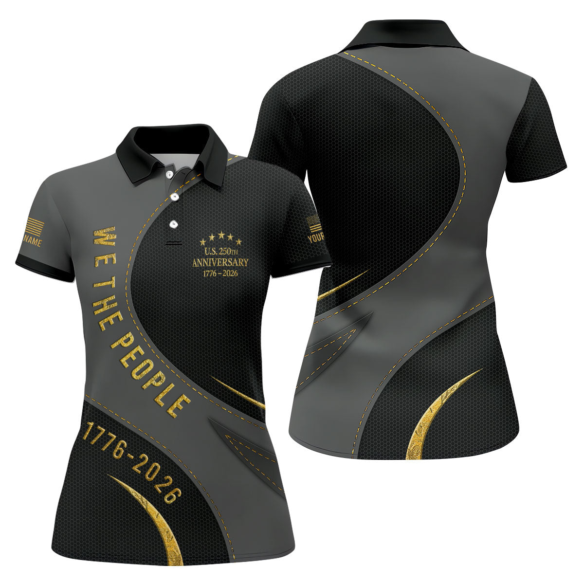 We The People US 250th Anniversary Black And Gold Patriotic Golf Shirt, 4th Of July Golf Shirt For Women