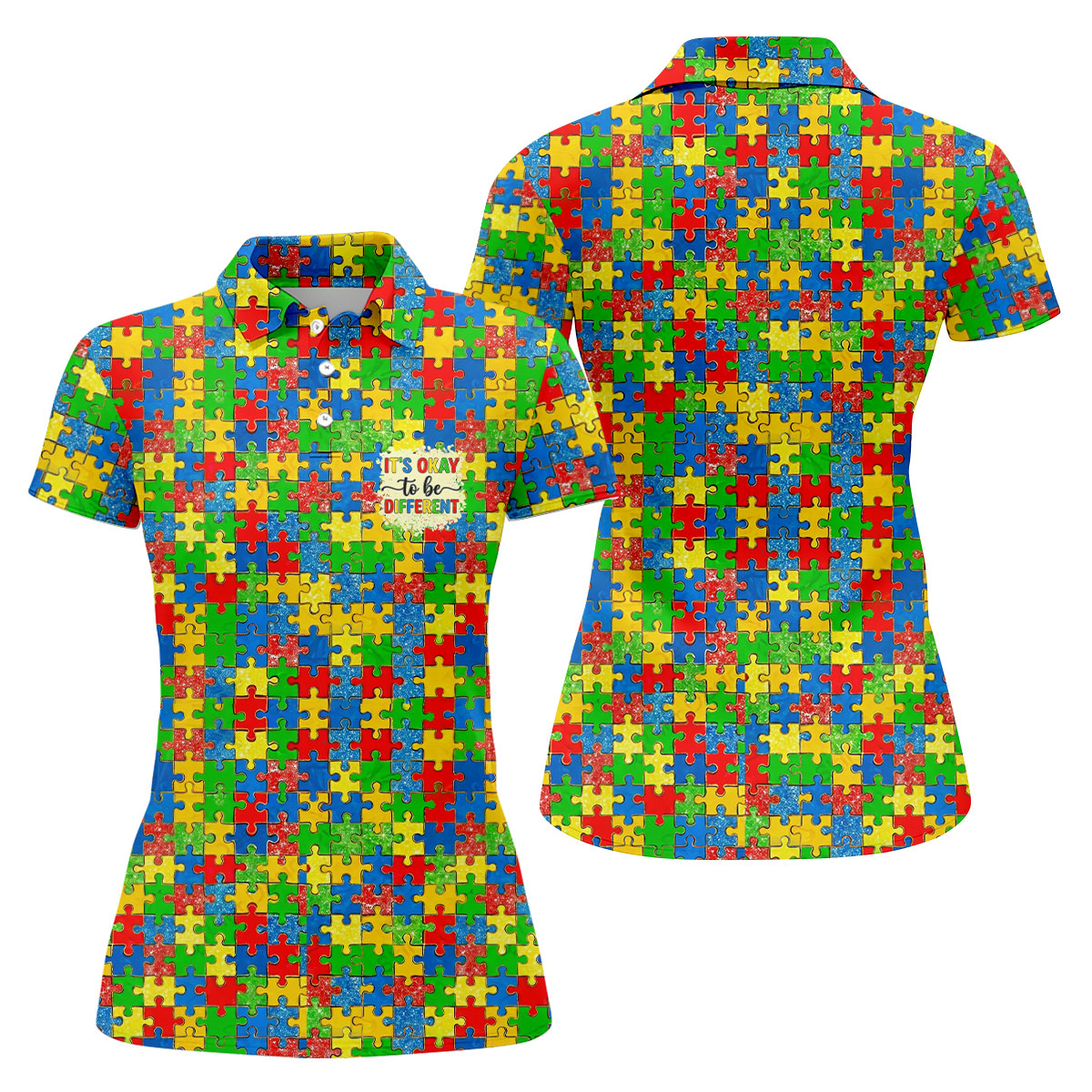 It's Okay To Be Different Colorful Puzzle Pattern Autism Awareness Golf Shirt For Women, Ladies Golf Polos