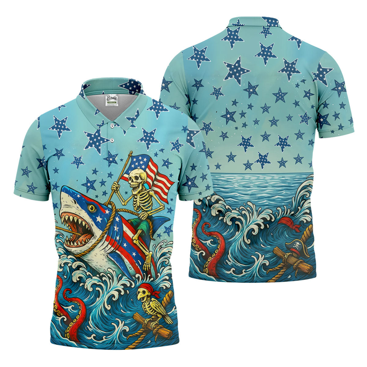 Skeleton Riding Shark Patriotic Golf Shirt, 4th Of July Golf Shirt, 250 Years Polo Shirtor Men