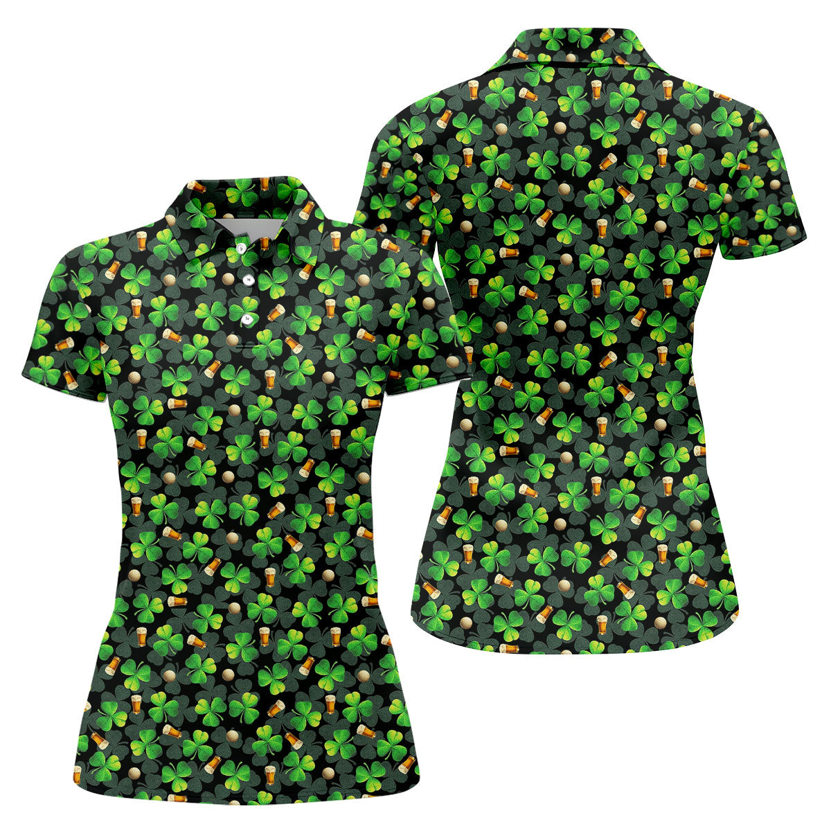 St Patrick's Day Beer Golf Ball Pattern Shamrock Golf Shirt, Women's Golf Tops, Ladies Golf Polos