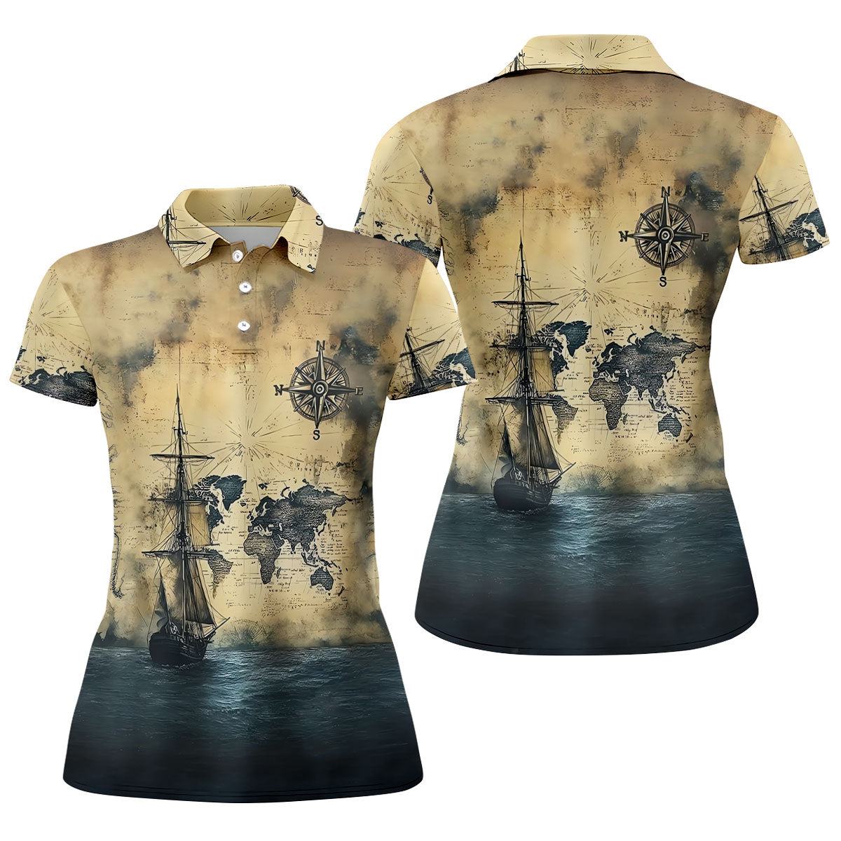 Vintage Ship Map Compass Ocean Golf Shirt, Golf Tops For Women, Women’s Golf Apparel
