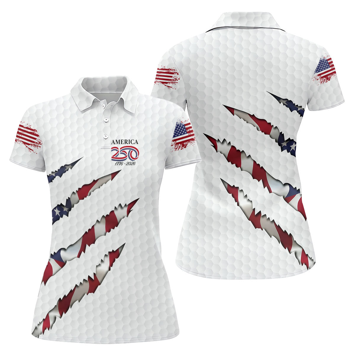 America 250 1776-2026 Scratched Flag Golf Ball Pattern White Golf Shirt, Patriotic 4th Of July Golf Shirt For Women