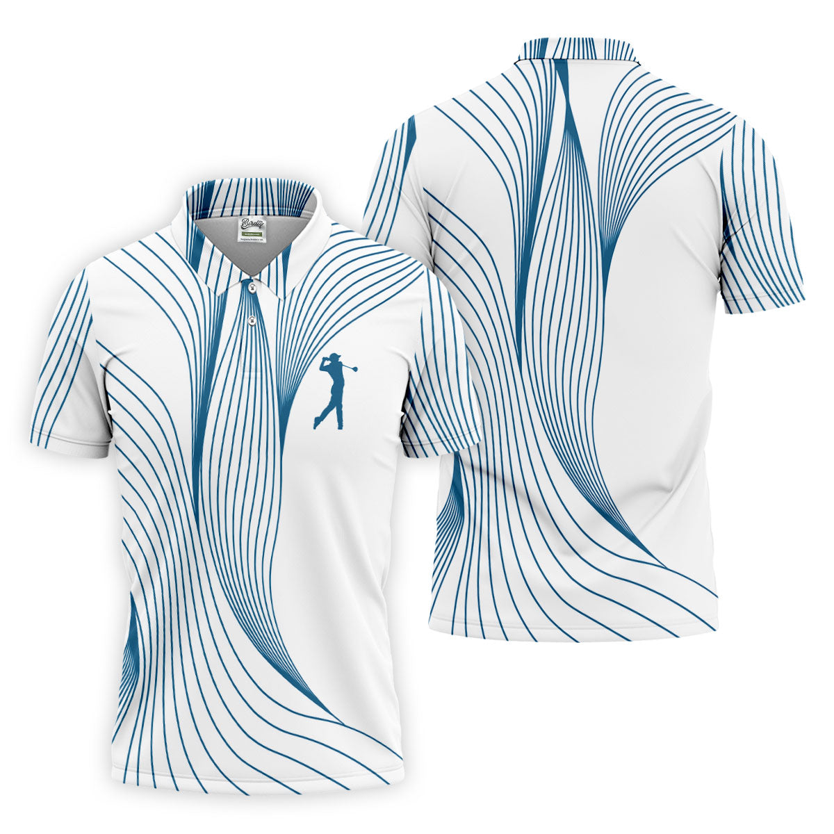 Geometric Line Wavy Line Blue And White Golf Shirts For Men, Men's Golf Shirt, Polo ShirtFor Men