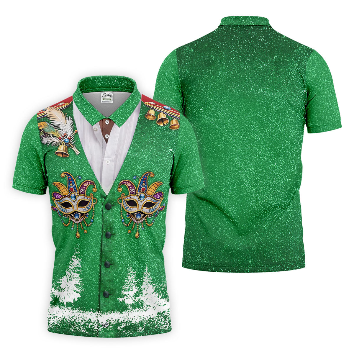 Masquerade Mask Feather Mardi Gras Glitter Print Green Golf Shirt, Polo ShirtFor Men, Golf Shirts For Men
