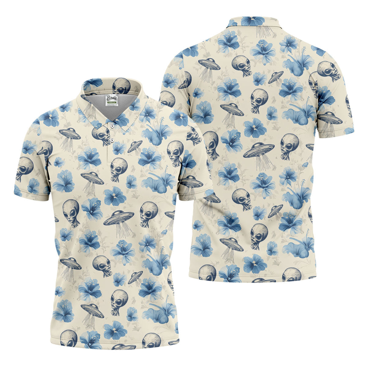 Funny Alien Blue Hibicus Tropical Theme Hawaiian Golf Shirt, Polo ShirtFor Men, Golfing Apparel