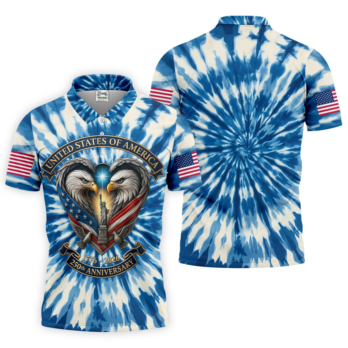 USA 250th Anniversary Tie Dye Print Bald Eagle Golf Shirt, Patriotic 4th Of July Golf Shirts For Men