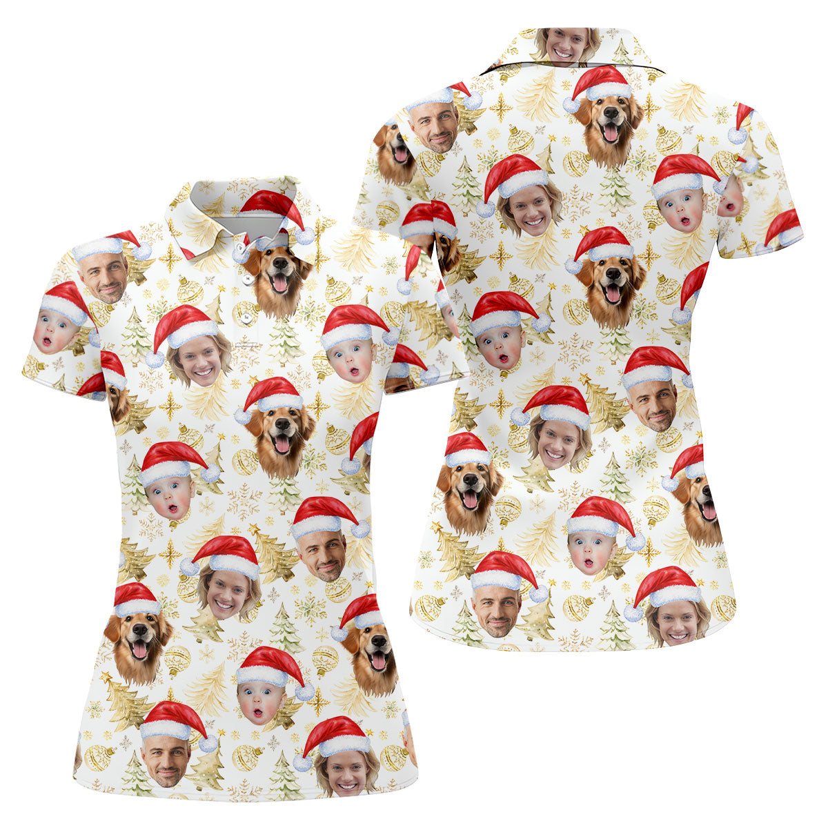 Custom Face Xmas Pattern Golden Print Christmas Golf Shirt, Ladies Golf Tops, Golf Gifts For Women