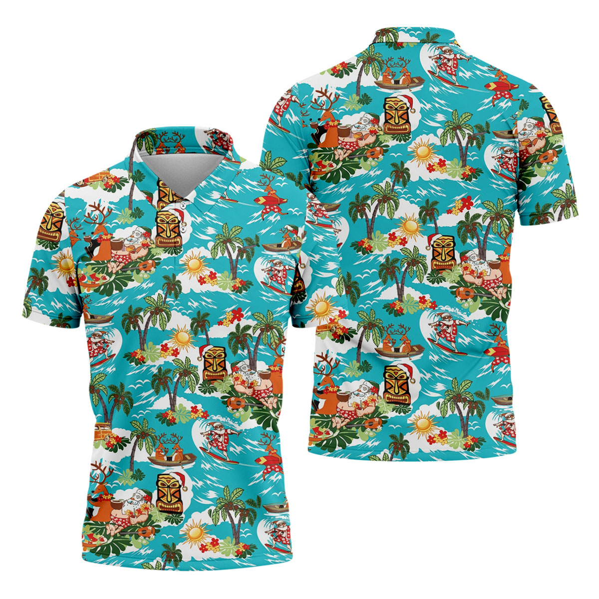 Men's Funny Surfing Santa Hawaiian Golf Shirt, Christmas Golf Shirt, Printed Golf Shirts