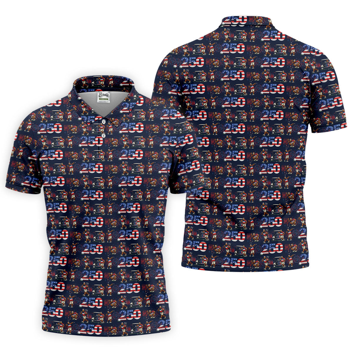 Funny Bigfoot Golf Pose Patriotic 4th Of July Black Golf Shirt, 250 Years Golf Shirts For Men