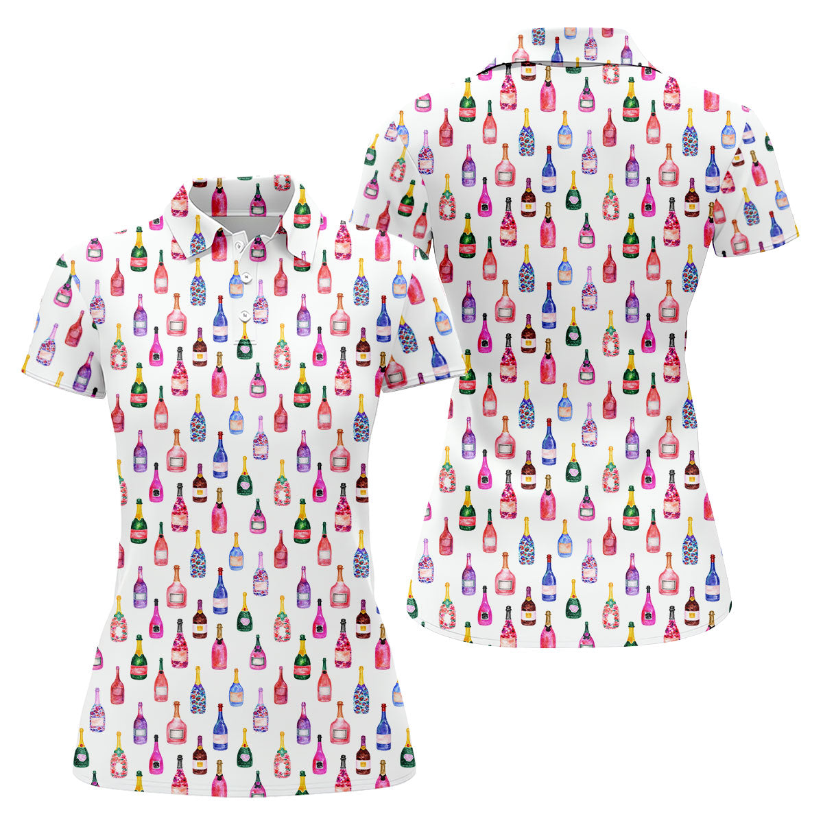 Champagne Bottles Seamless Pattern Watercolor Style Retro Golf Shirt, Ladies Golf Polos, Golf Shirt For Women