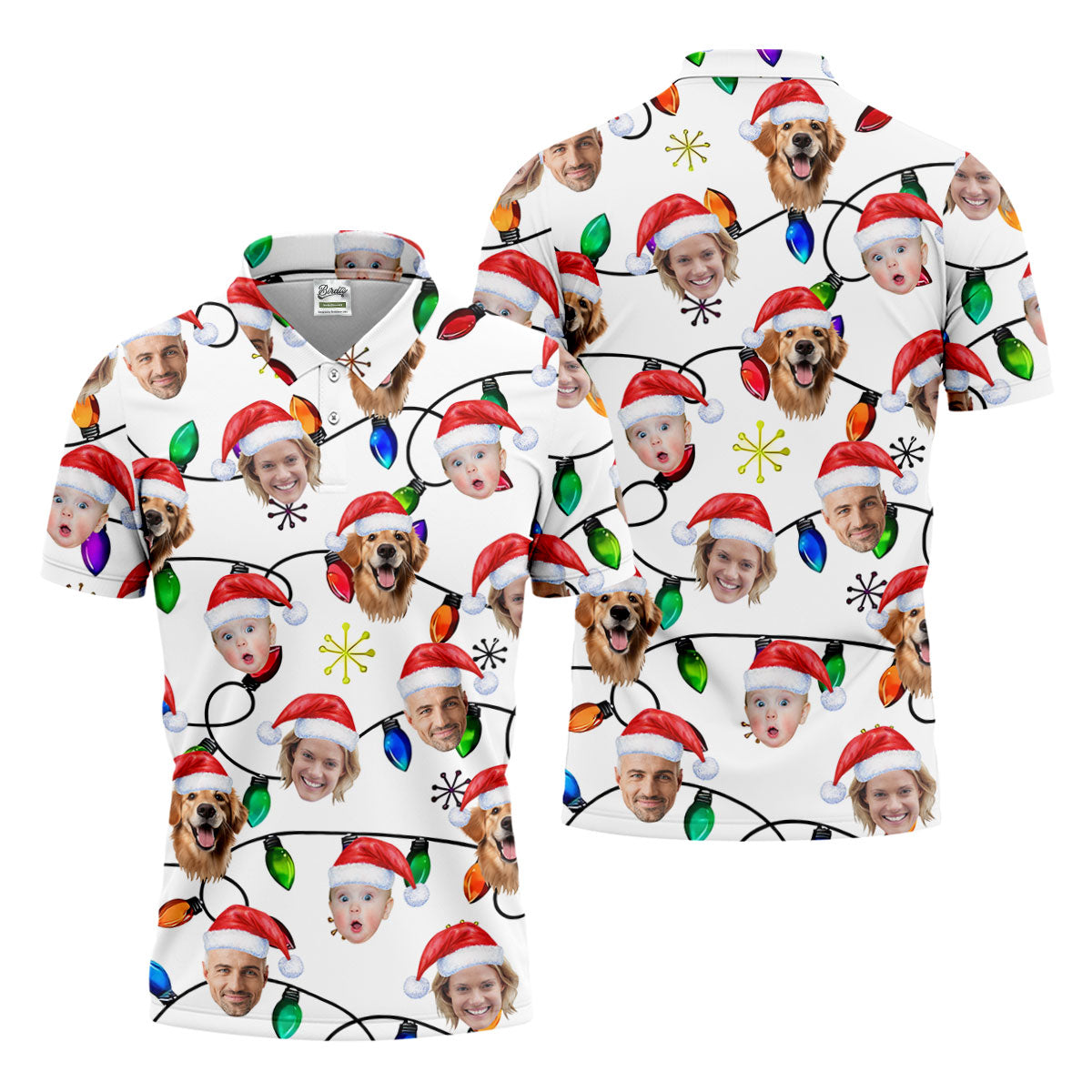 Custom Family Portrait Christmas Lights Pattern Men's Golf Polo Shirtristmas Golf Shirt, Golf Gift For Men