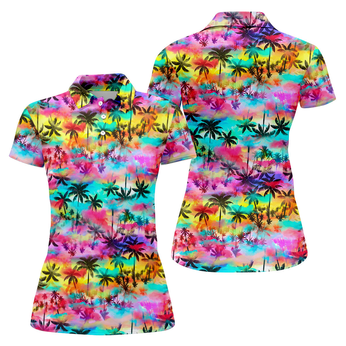 Watercolor Tropical Palm Golf Shirt, Colorful Sunset Hawaiian Polo, Polo Shirts For Women