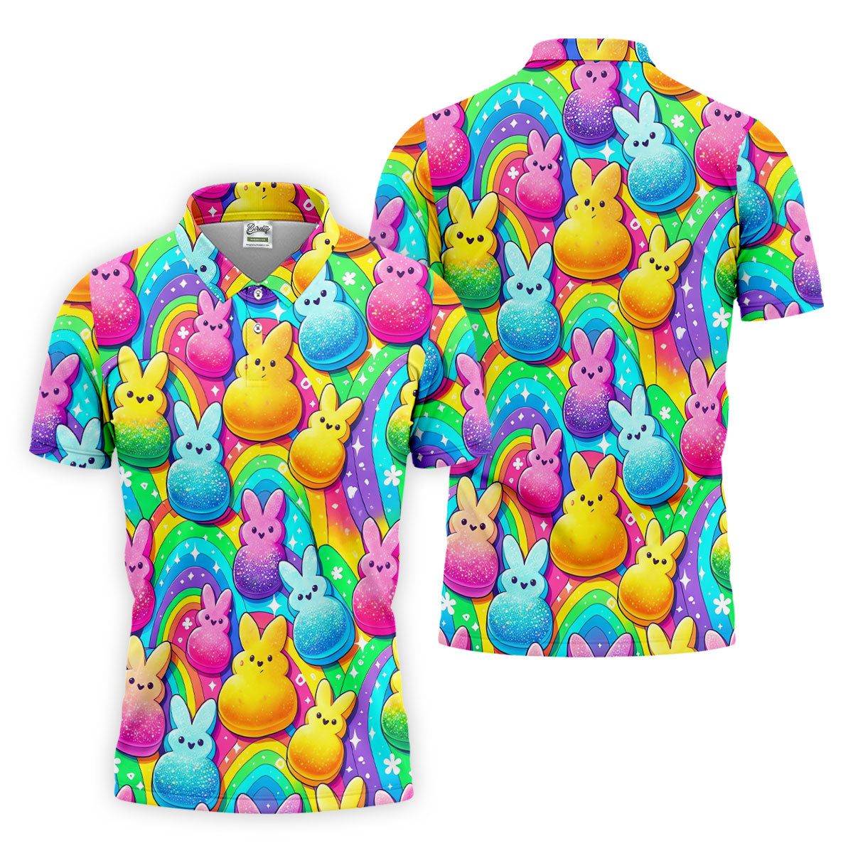 Colorful Easter Peeps Rainbow Pattern Golf Shirts For Men, Cute Golf Outfit, Polo ShirtFor Men