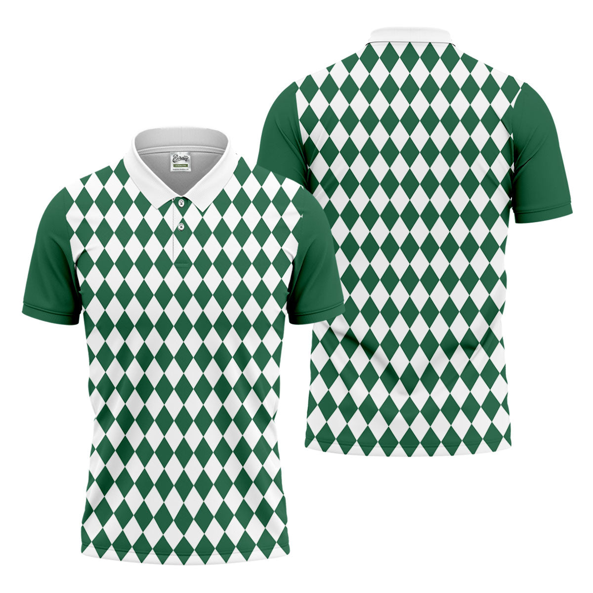 Green And White Argyle Pattern Retro Golf Shirt, Golf Tops For Men, Golf Shirts For Men, Polo For Men