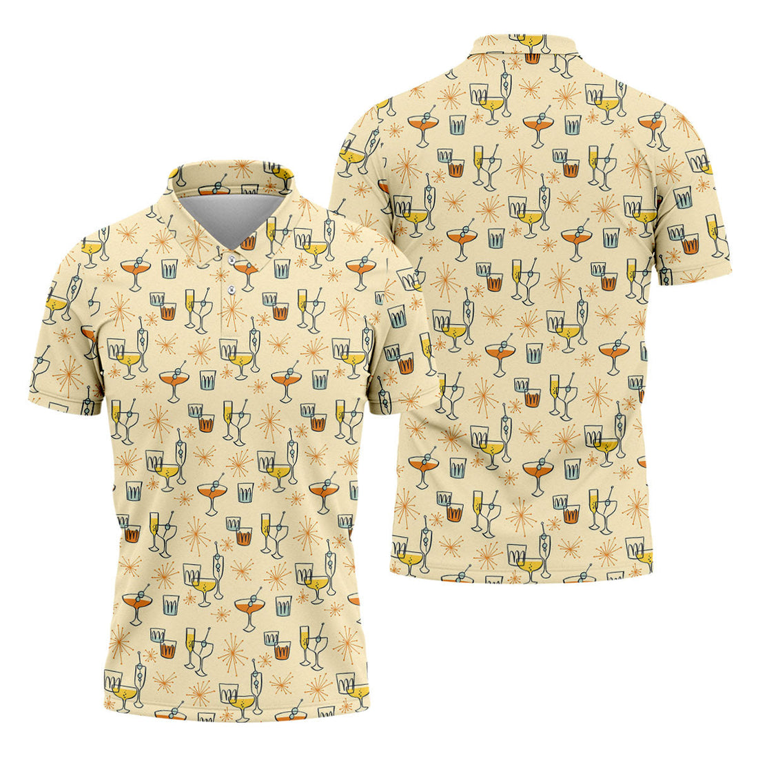 Retro Cocktail Drinks Pattern Golf Polo Shirt, Golf Polo Shirts For Men, Mens Golf Apparel