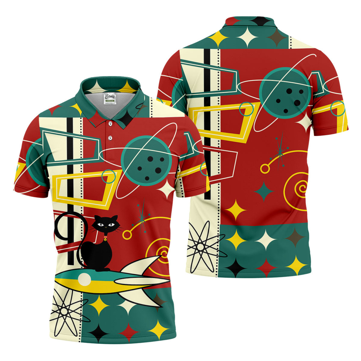 Geometric Abstraction Atomic Cat Hawaiian Golf Shirt, Retro Golf Shirt, Polo Shirtor Men