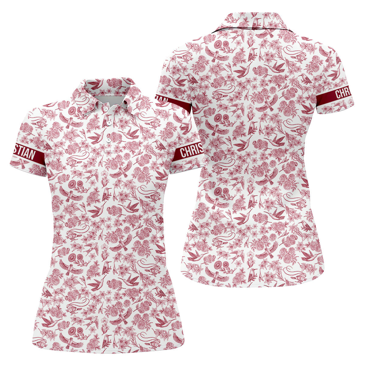 Custom Name Toile de Jouy Birds And Flowers White And Red Women Golf Top, Ladies Golf Polos