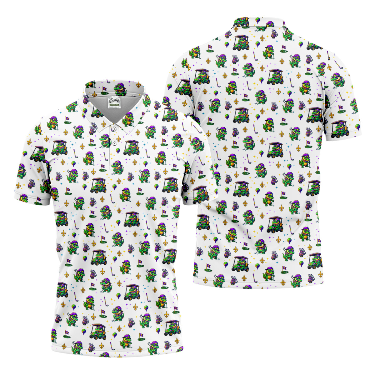 Funny Crocodile Golfing Mardi Gras Golf Shirts, White Golf Shirt, Golf Gift For Men, Golf Shirts For Men