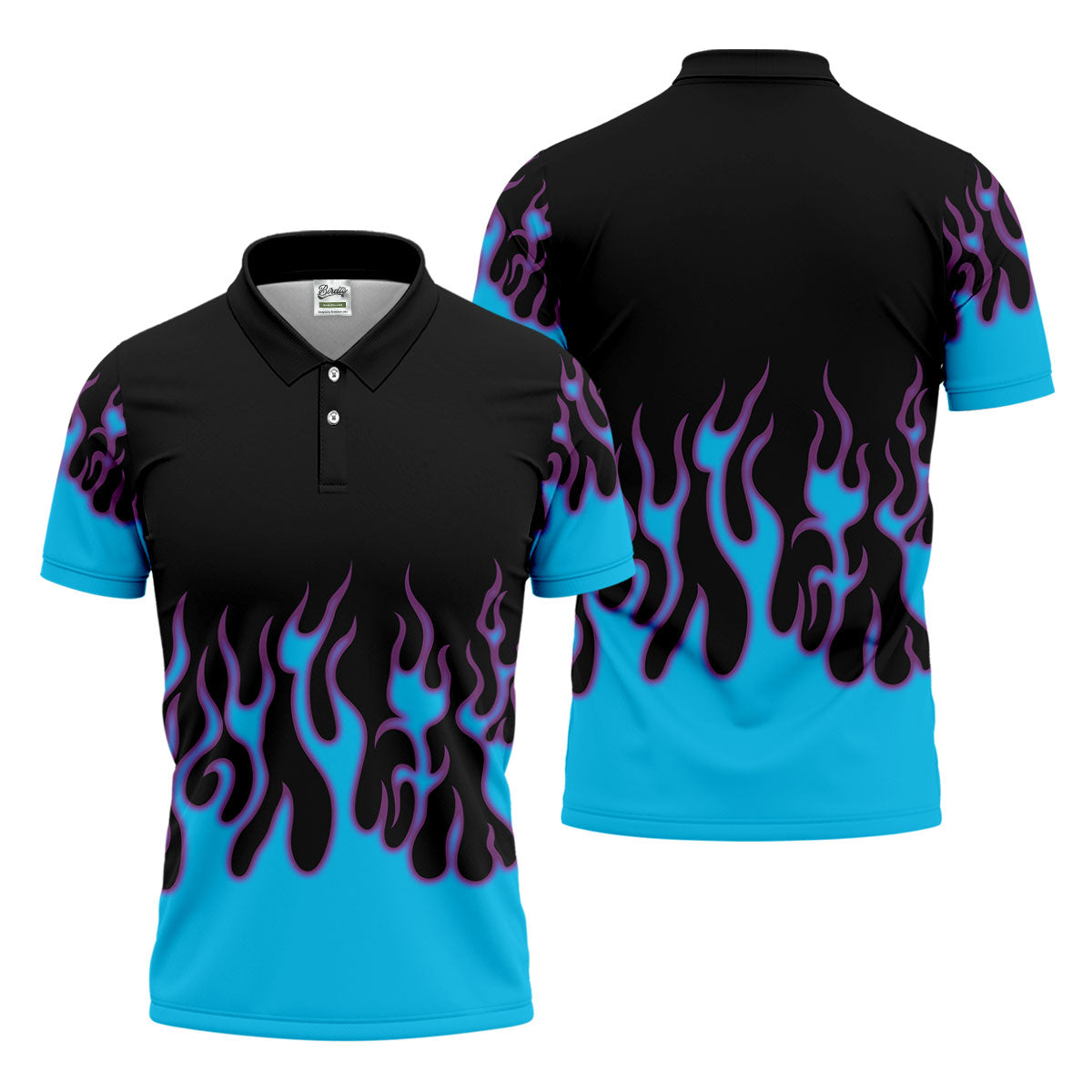 Black Cyan Purple Flame Sleeve Golf Shirt, Golf Shirts For Men, Mens Golf Apparel