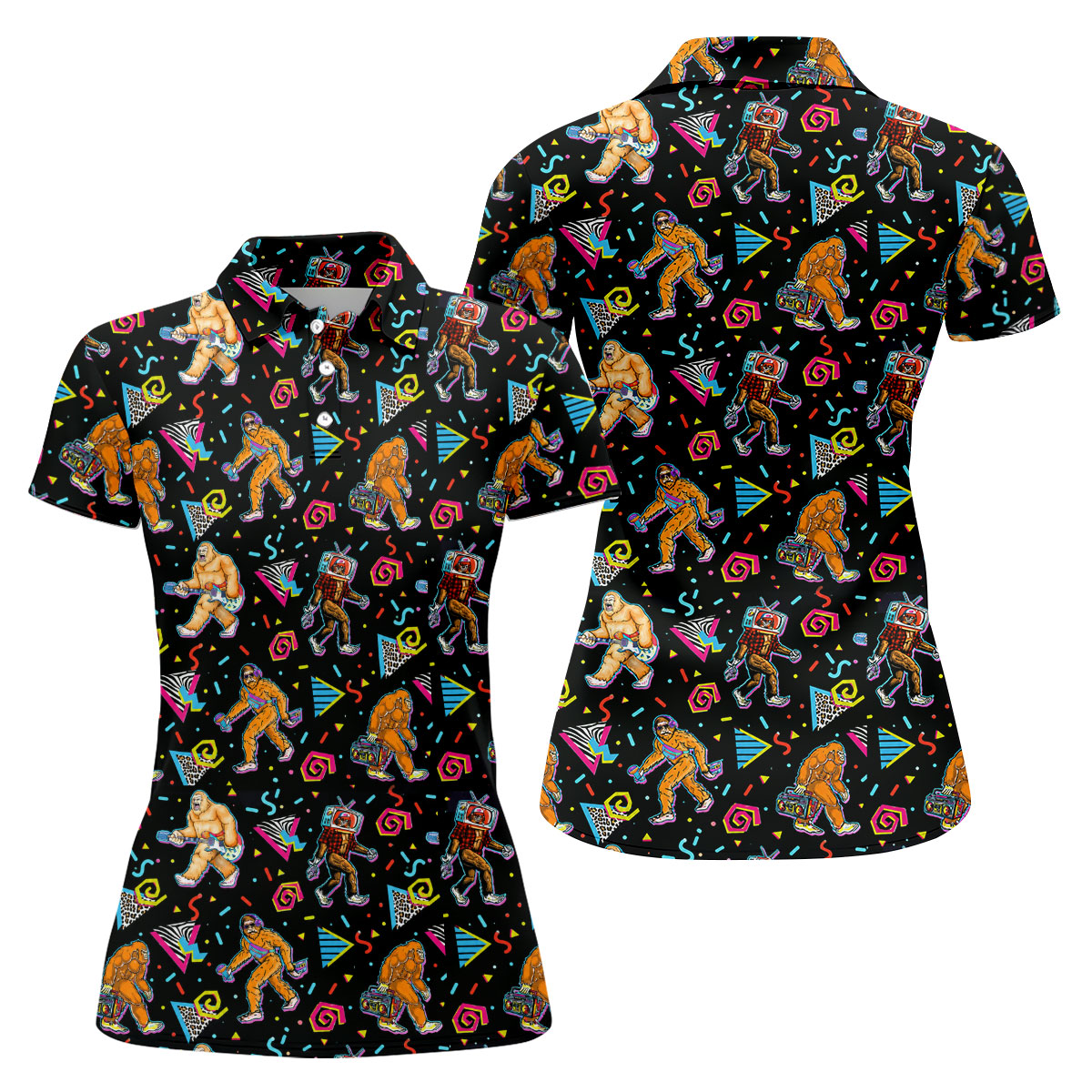 Retro Bigfoot Boombox Pattern Golf Shirt, Women’s Golf Polo, Golf Shirts For Women, Printed Golf Shirt
