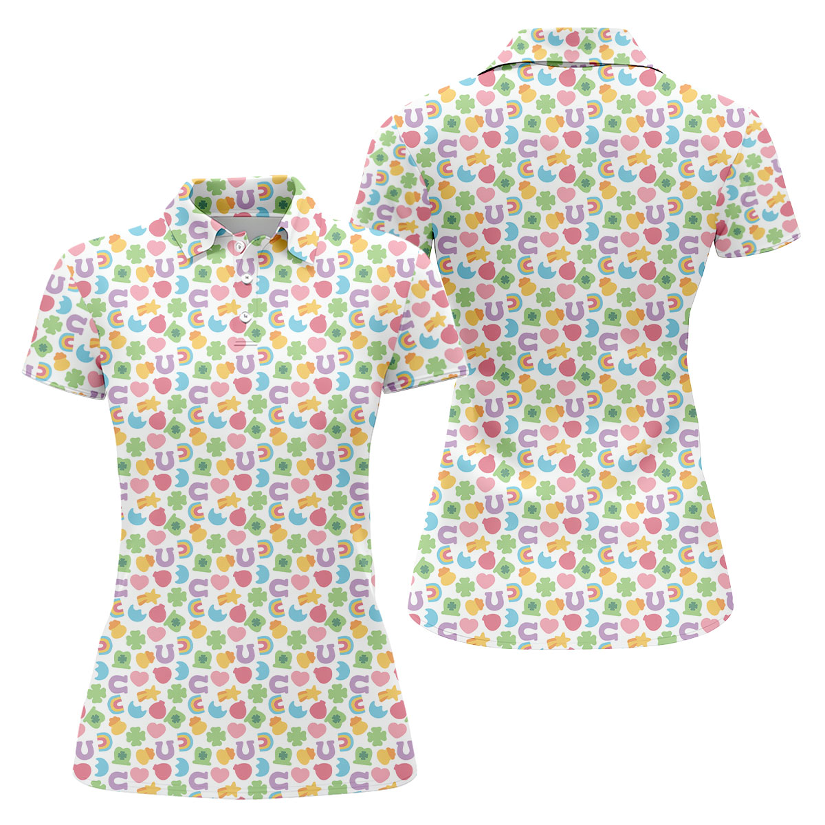 St Patrick's Day Lucky Charms White Golf Shirt, Cute Golf Outfit, Women's Golf Tops, Ladies Golf Polos