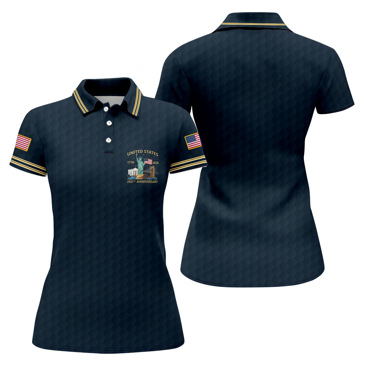 United States 250th Anniversary Golf Ball Pattern Navy Golf Shirt, 4th Of July Patriotic Golf Shirt For Women