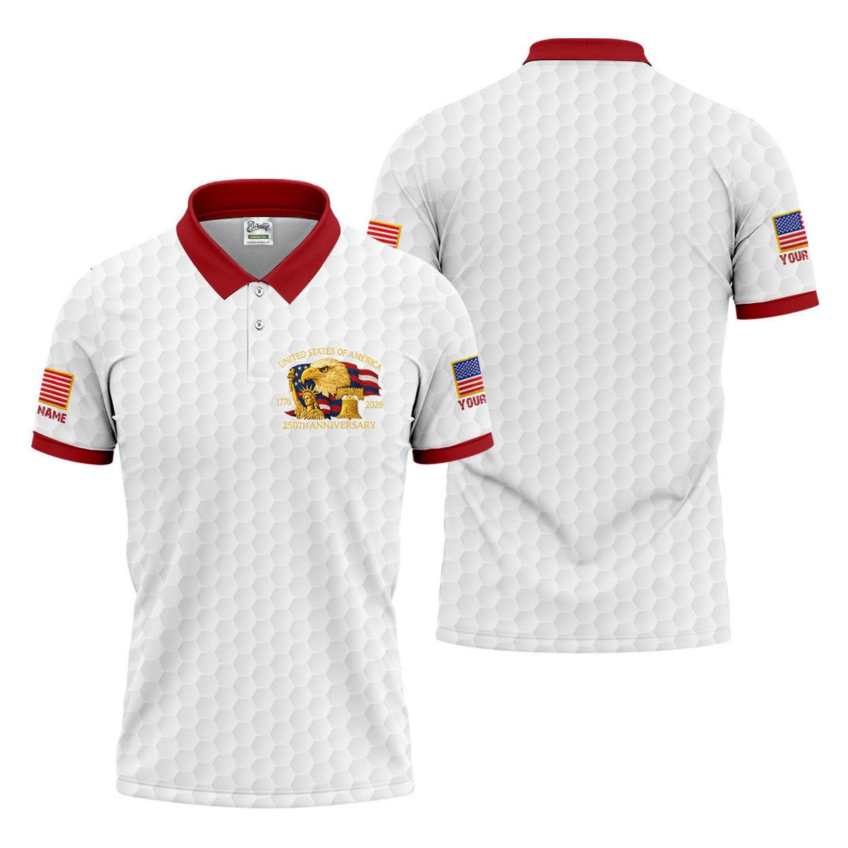 United States 250th Anniversary Patriotic Eagle White Custom Golf Shirts, 4th Of July Golf Shirts For Men