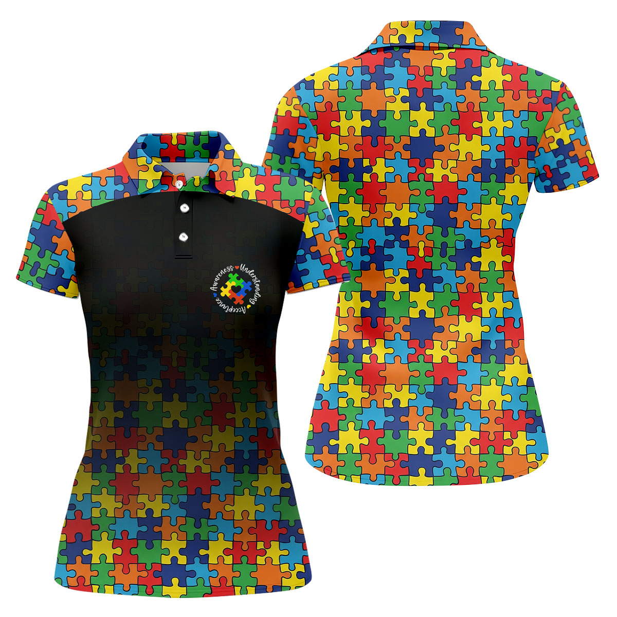 Acceptance Awareness Understanding Autism Awareness Puzzle Pattern Black Fade Women's Golf Tops