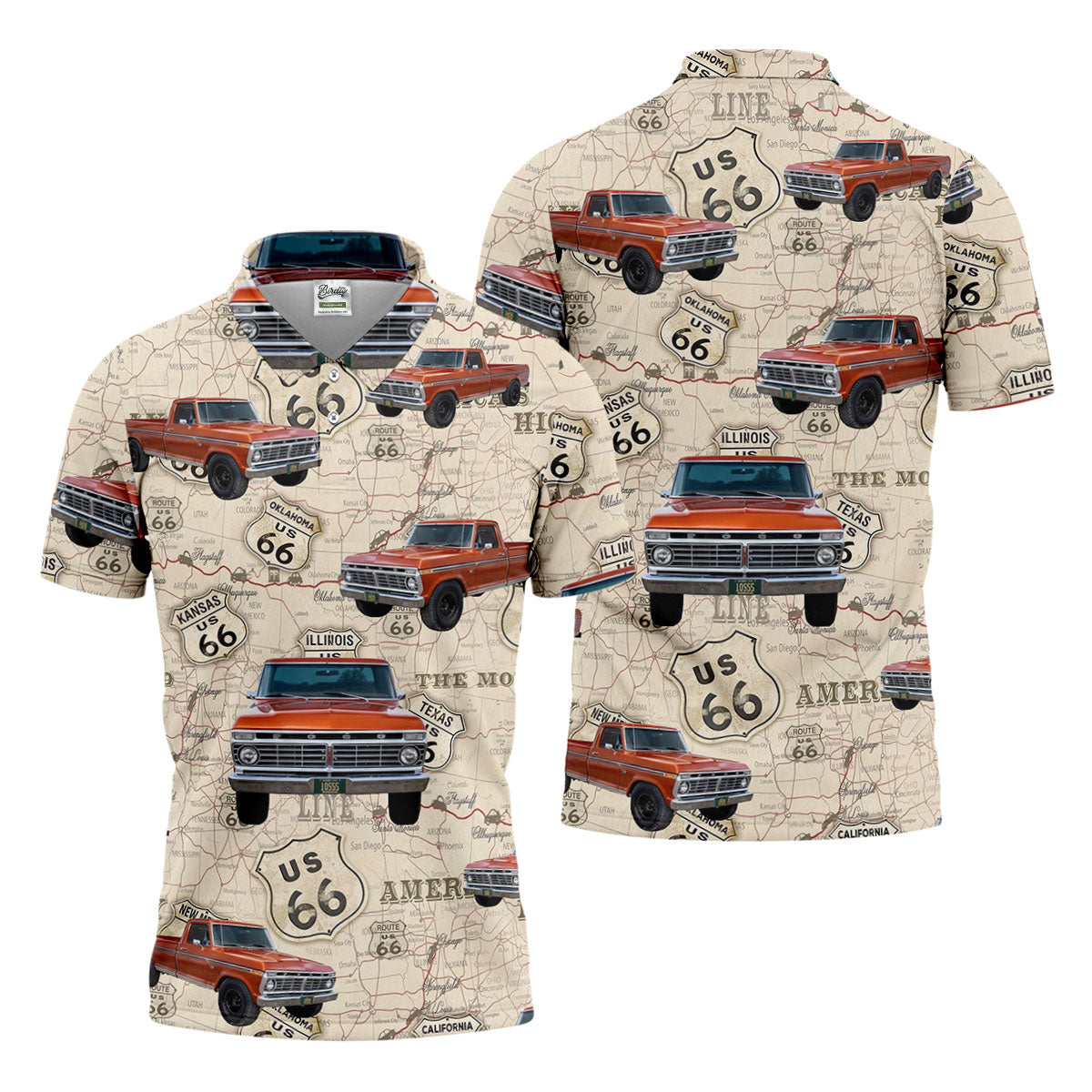 Custom Photo Truck Golf Shirt, Vintage Pickup Route 66 Map Pattern, Golf Shirt For Men
