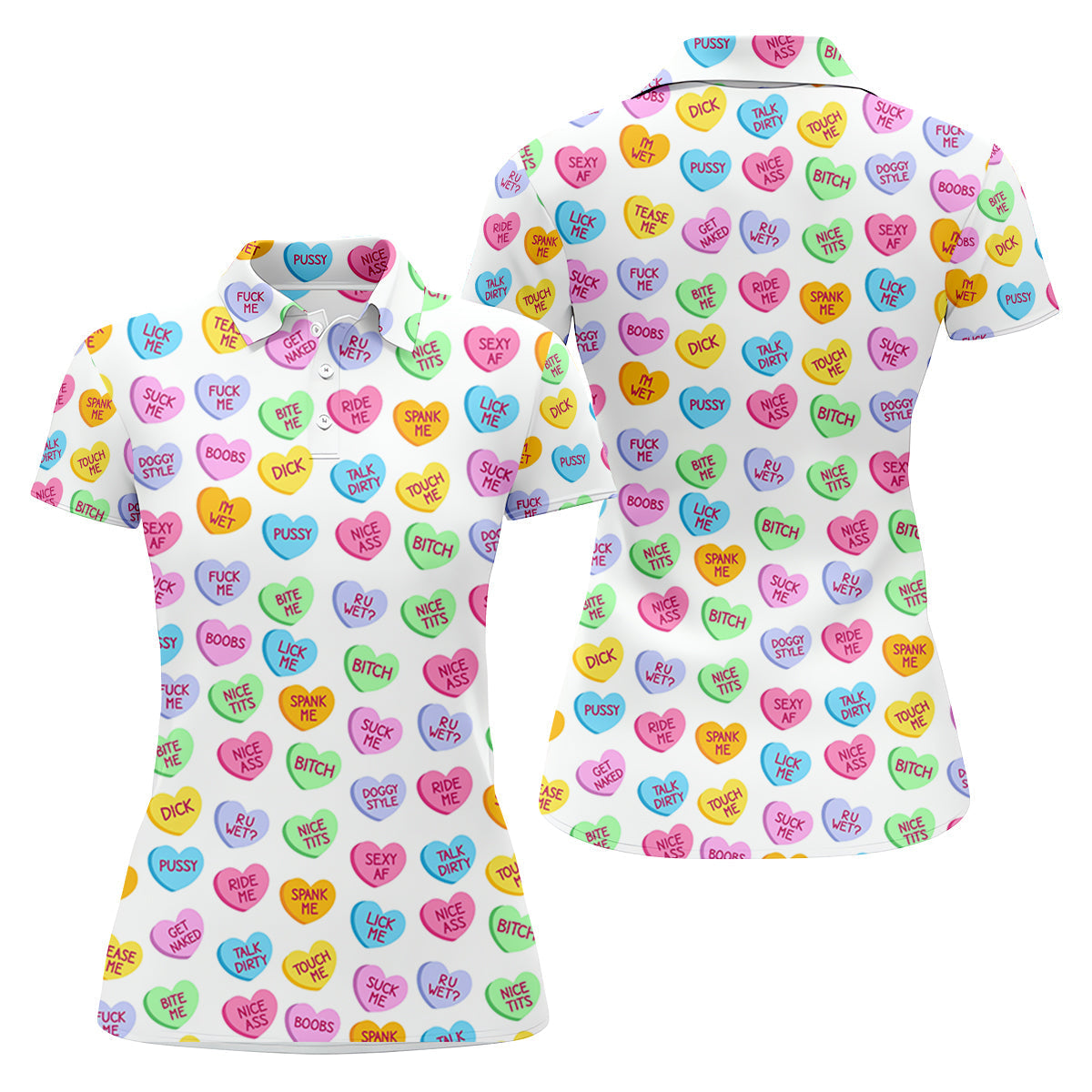 Naughty Conversation Hearts Fun Women's Golf Shirts, Valentines Golf Gift, Dirty Candy Heart  Ladies Golf Polos