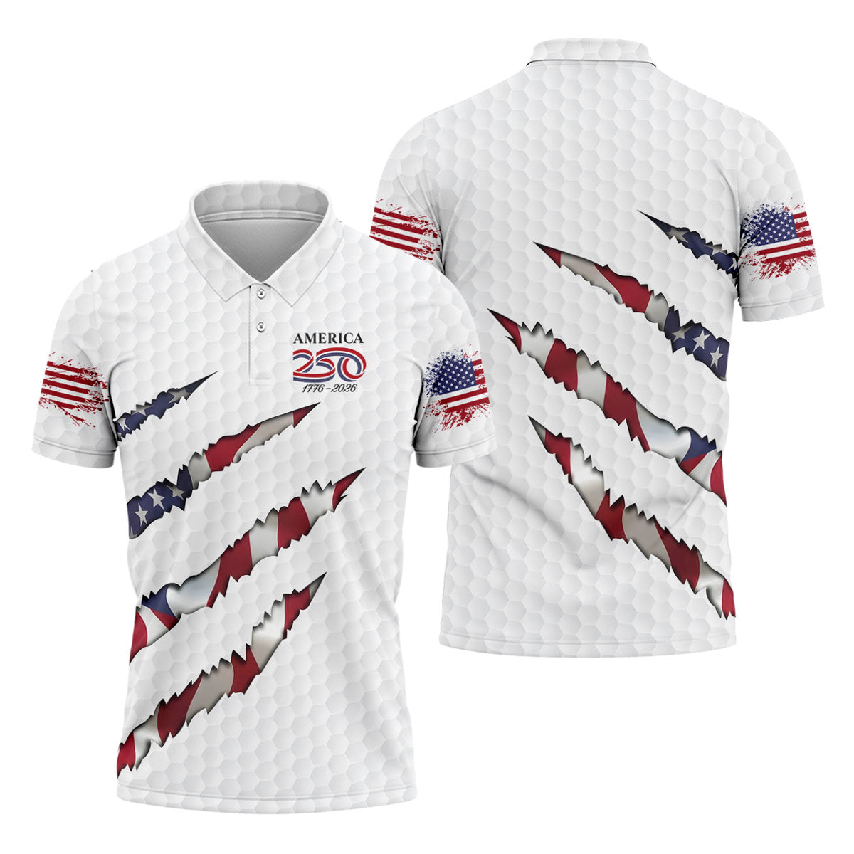 America 250 1776-2026 Scratched Flag Golf Ball Pattern White Golf Shirt, Patriotic 4th Of July Golf Shirts For Men