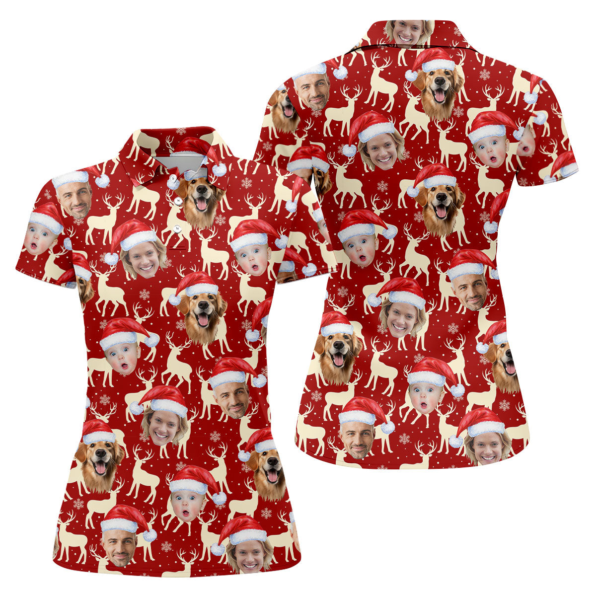 Custom Face Reindeer Pattern Beige And Red Christmas Golf Shirt, Ladies Golf Shirts, Golf Gifts For Women