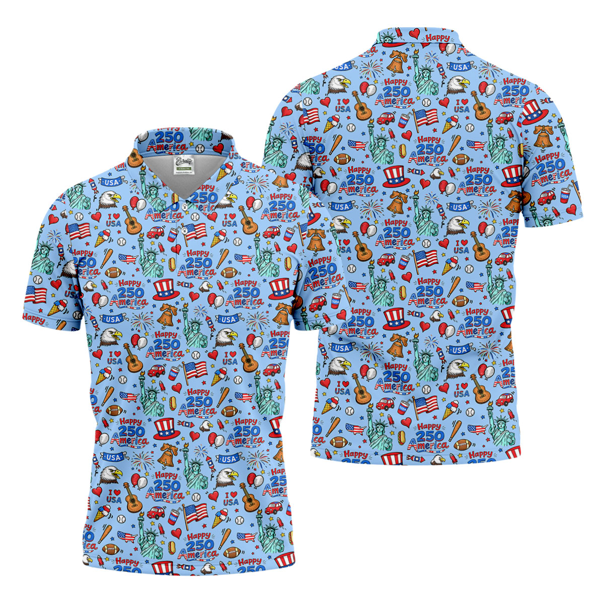 Happy 250 America Independence Celebration Blue Golf Shirt, Patriotic 4th Of July Golf Shirts For Men