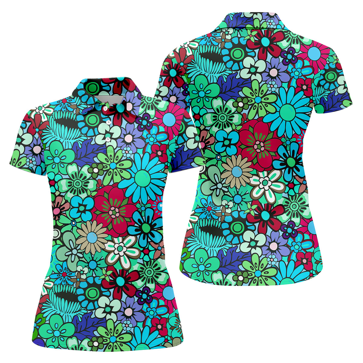 Blue Green Retro Flower Power Golf Shirt, Women’s Golf Polo, Hawaiian Golf Shirt, Golf Tops For Women