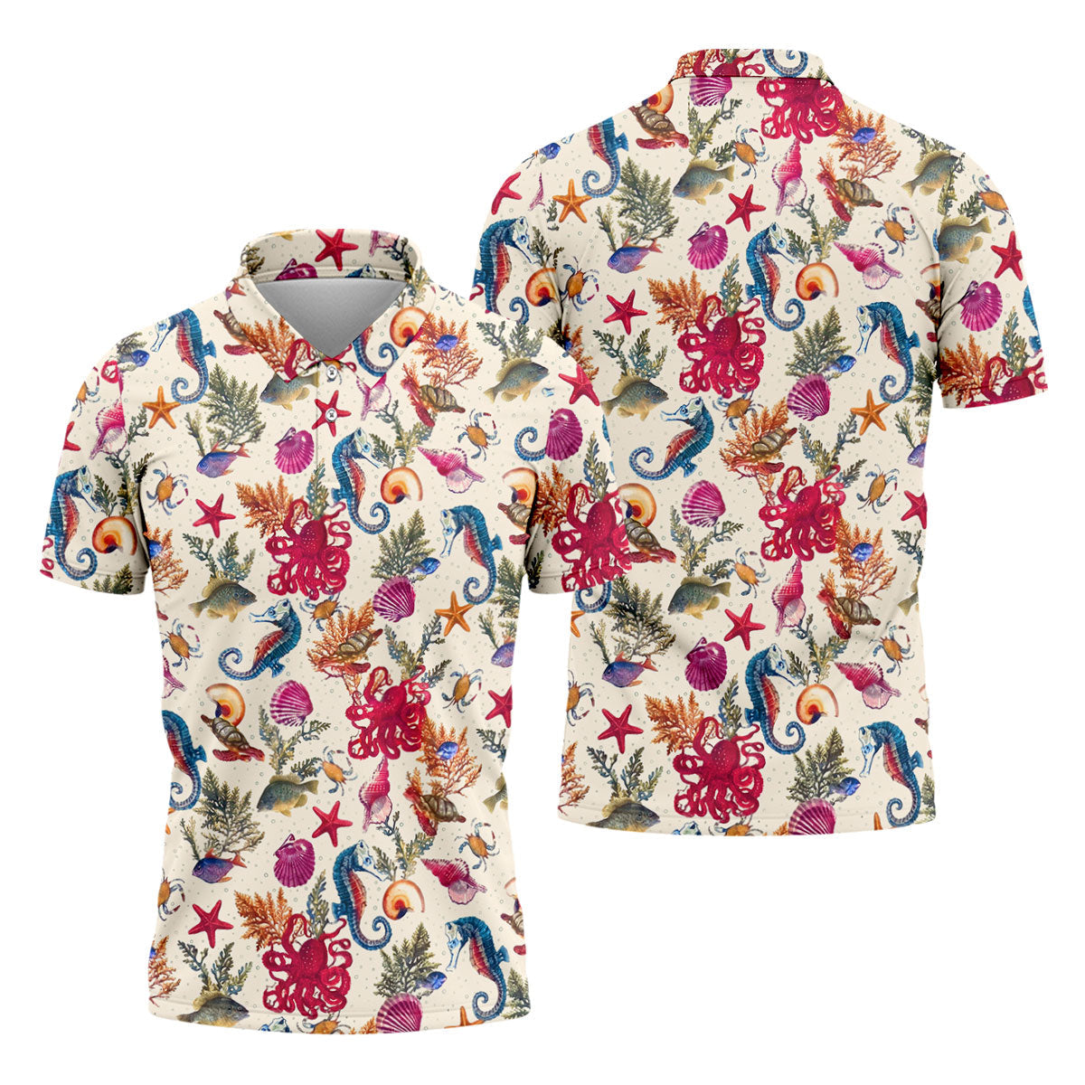 Marine Life Coral Reef Pattern Design Hawaiian Golf Shirt, Golf Shirts For Men, Polo Shirts For Men