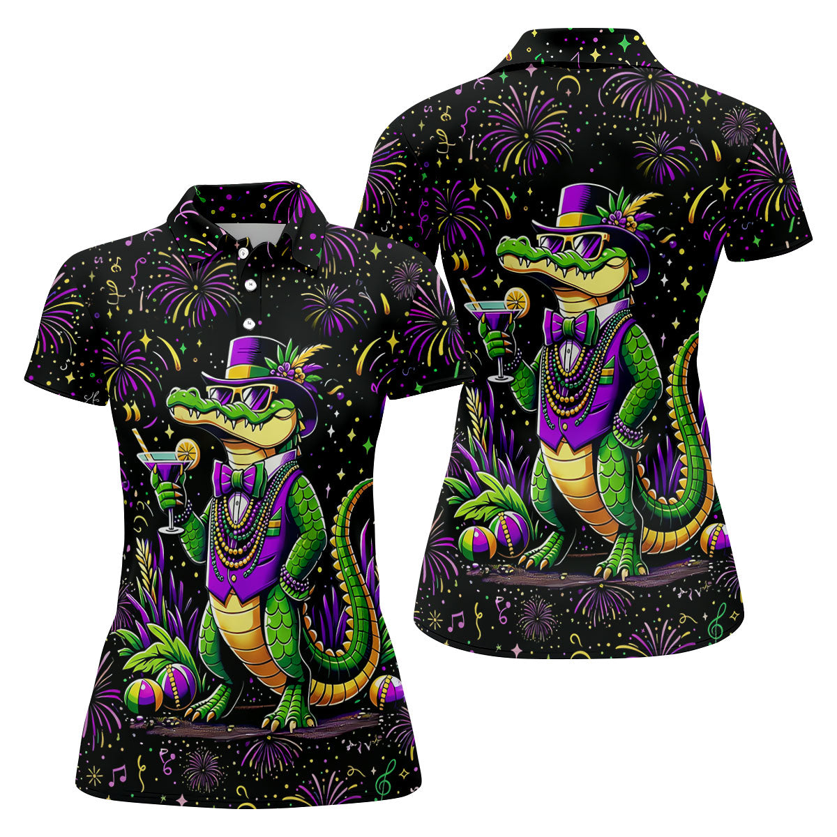 Mardi Gras Aligator Purple Green Gold Confetti Star Women's Golf Shirts, Women's Golf Tops, Ladies Golf Shirts