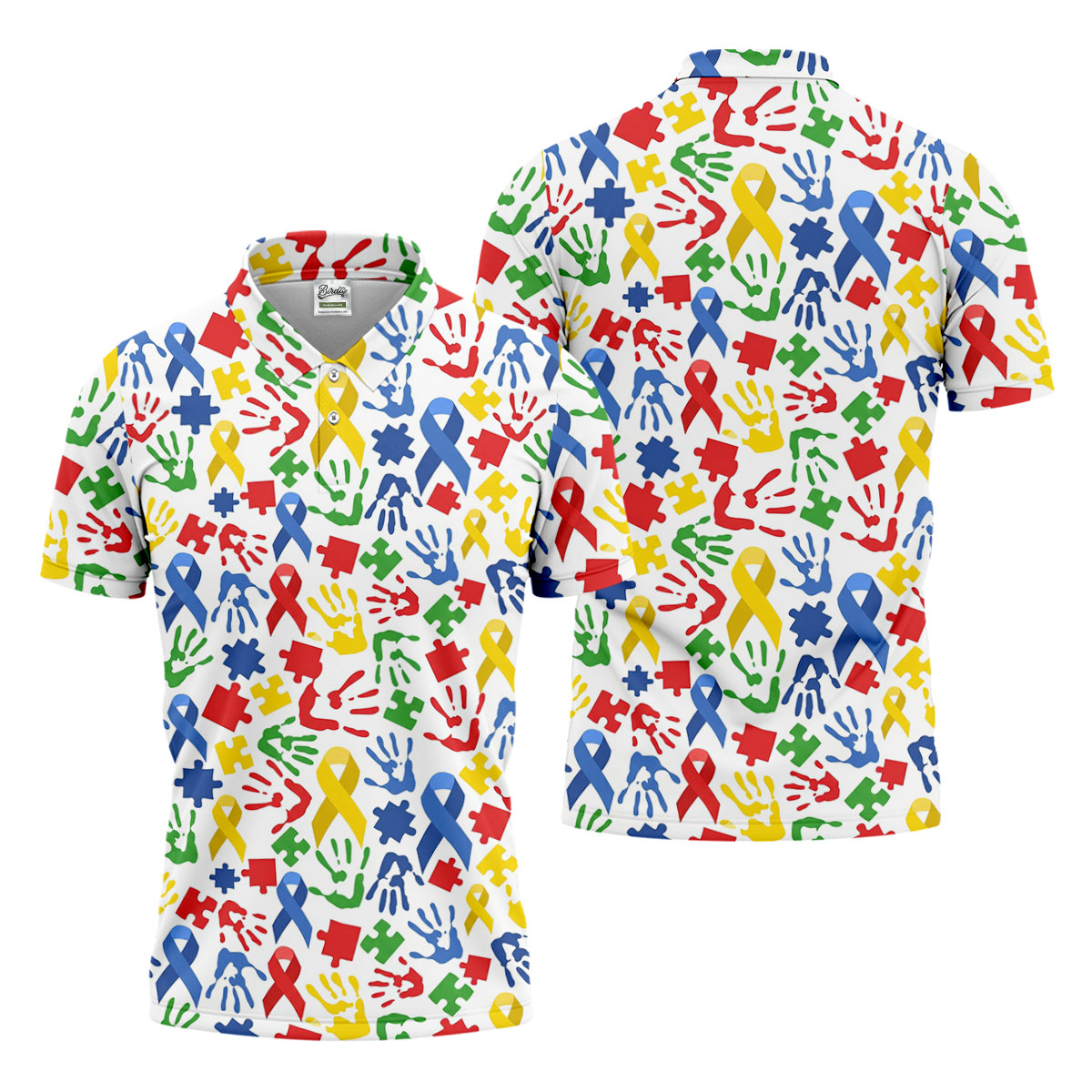 Autism Ribbon Colorful Puzzle Pieces Handprints Golf Tops For Men, Polo ShirtFor Men, Golf Shirts For Men
