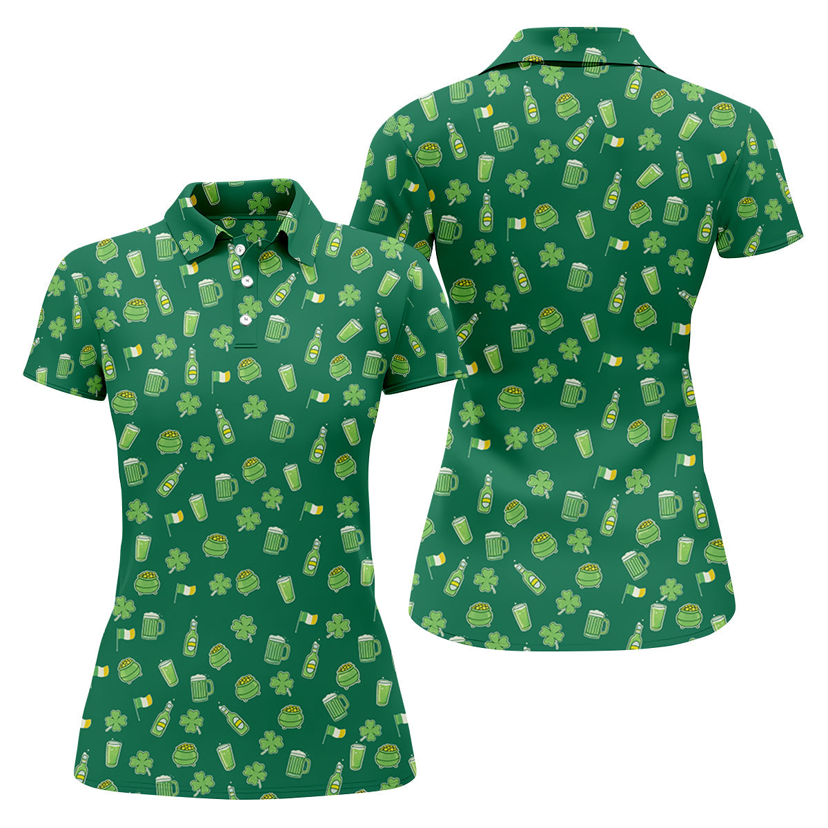 St Patrick's Day Beer Four Leaf Clovers Gold Pots Green Golf Shirt, Women's Golf Tops, Ladies Golf Polos