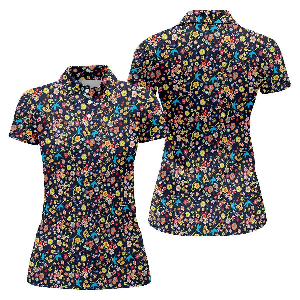 Colorful Floral Bird Garden Golf Shirt, Women’s Golf Polo, Golf Shirts For Women